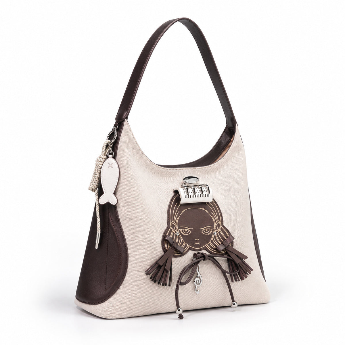 Character Shoulder Bag - Cream & Brown, front view